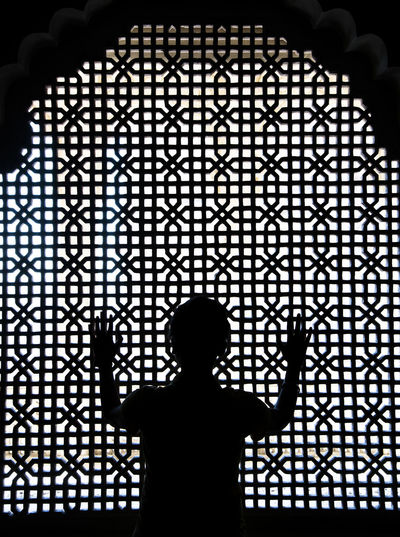 Rear view of silhouette man standing by window