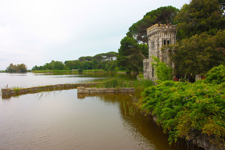 The turret of villa orlando on the lake massaciuccoli with water e vegetation