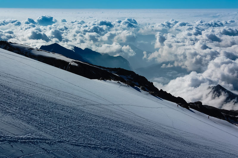 Scenic view of snow covered land against sky