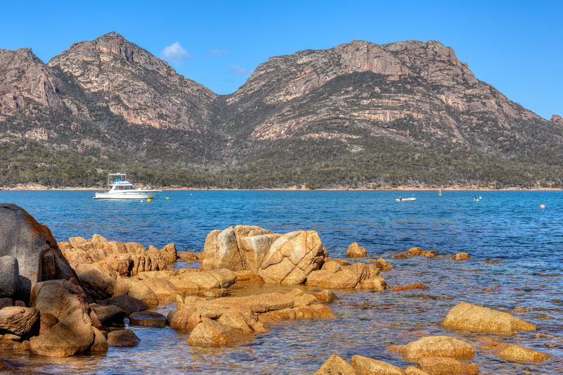 Scenic view of rocks in sea against sky