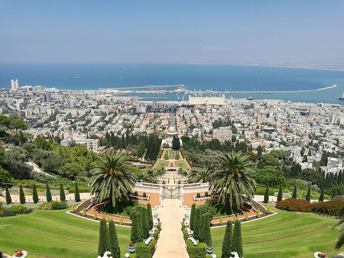 Baha i gardens against terraces of the shrine of the bab amidst city