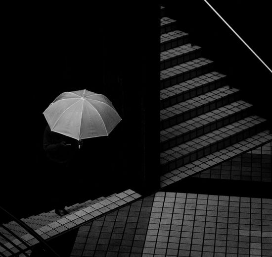 High angle view of umbrella on staircase