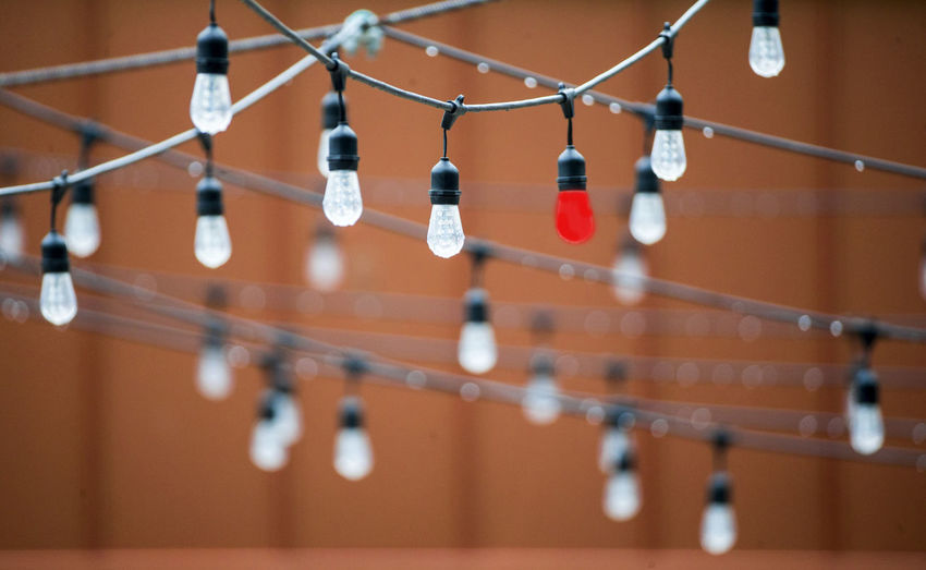 Low angle view of light bulbs hanging from cables