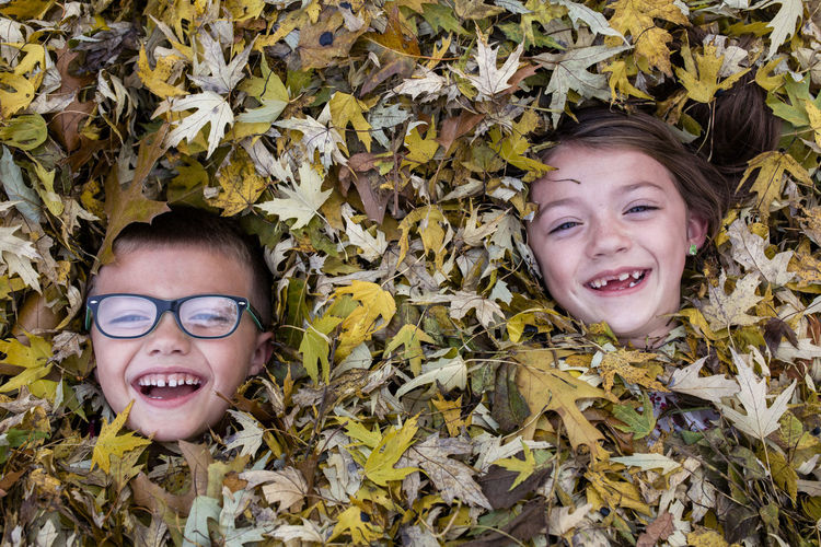 Brother and sister siblings laughing in yellow fall leaf pile