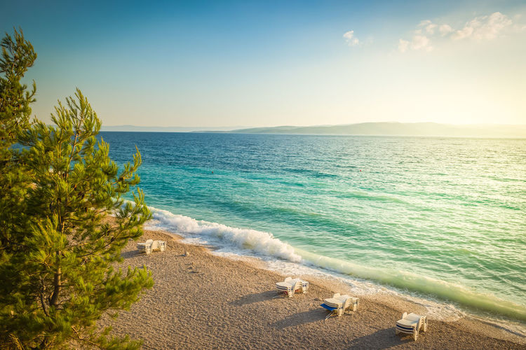 Beach in croatian coast, blue sea. aerial view