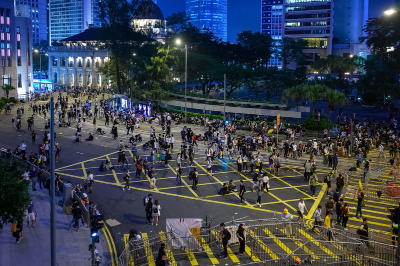 High angle view of people on street at night