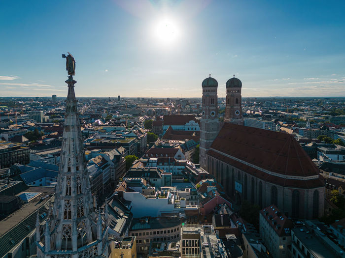 In an aerial view, the famous munich landmark cathedral frauenkirche