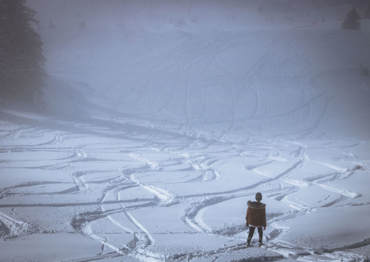 Rear view of man walking on snow covered landscape