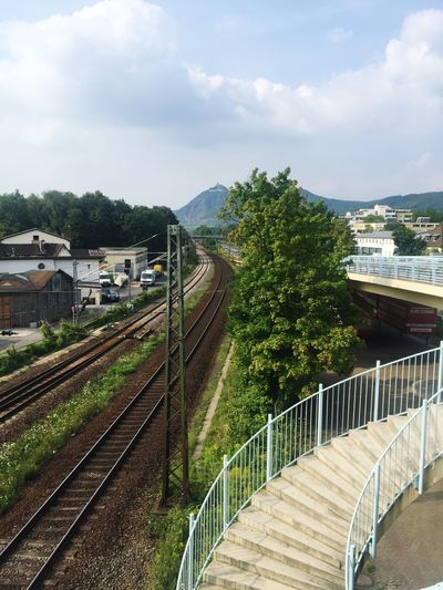 High angle view of railroad tracks against sky
