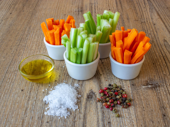 High angle view of chopped vegetables on table