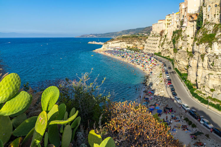 View of tropea beach from the sanctuary of santa maria dell'isola, calabria, italy