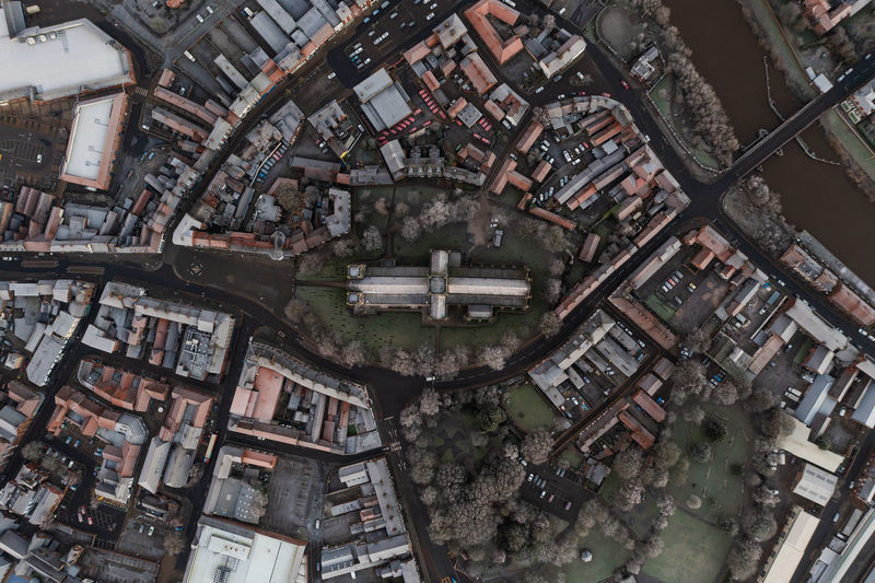 An aerial map style view of the market town of selby with the selby abbey church central