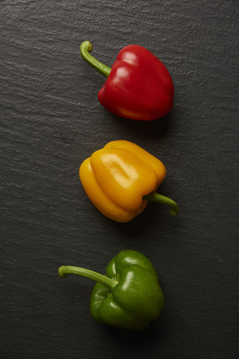 High angle view of bell peppers on table