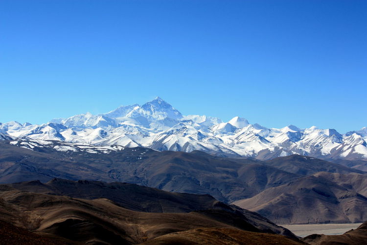 Scenic view of snowcapped mountains against clear blue sky