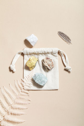 Dry fern and crystal minerals on beige background. magic rock for crystal ritual, witchcraft
