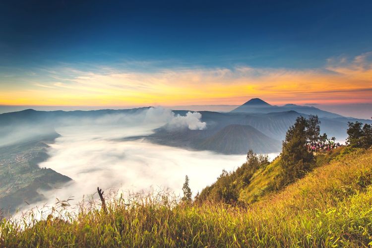 Scenic view of landscape against cloudy sky during sunset