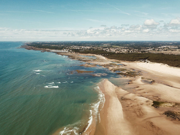 Scenic drone view of sea and beach against sky