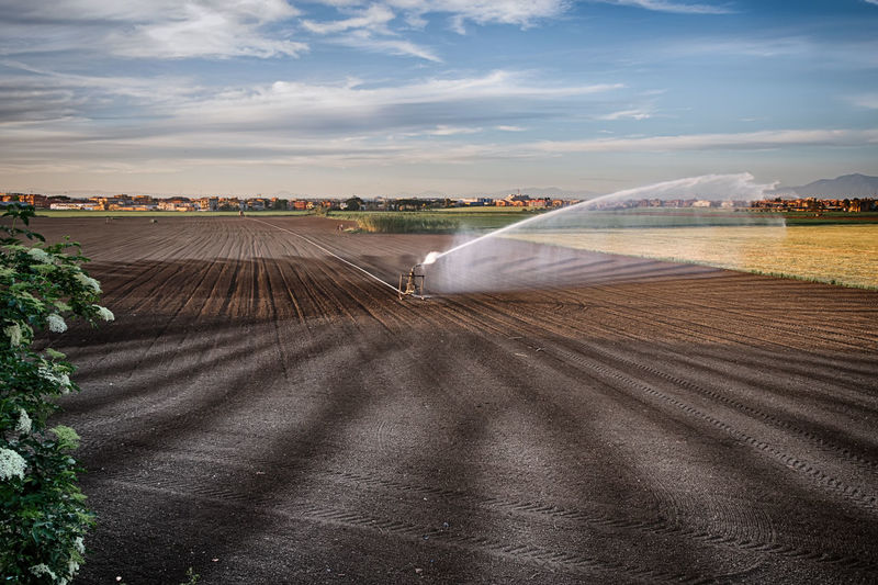 High angle view of sprinklers watering agricultural field