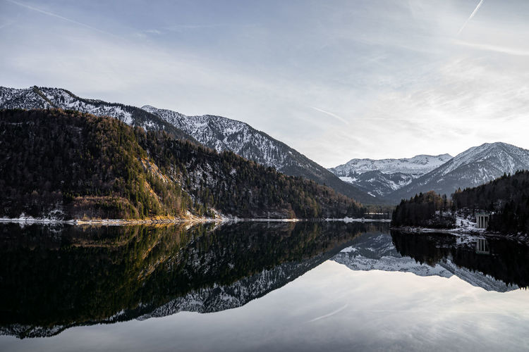 Reflection of snowcapped mountain in lake during winter