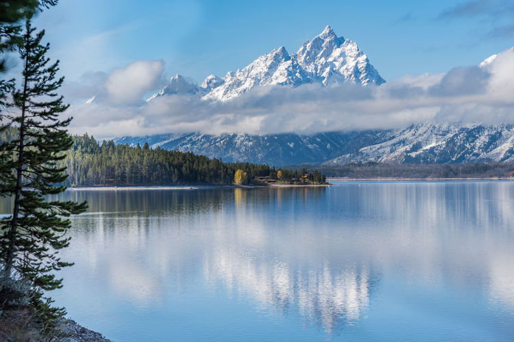 Scenic view of lake and snowcapped mountains against sky