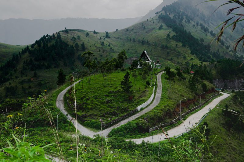 High angle view of winding road amidst landscape