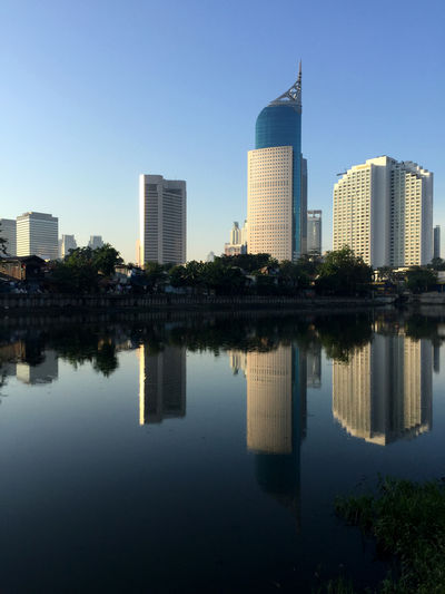 Reflection of buildings in city against clear sky
