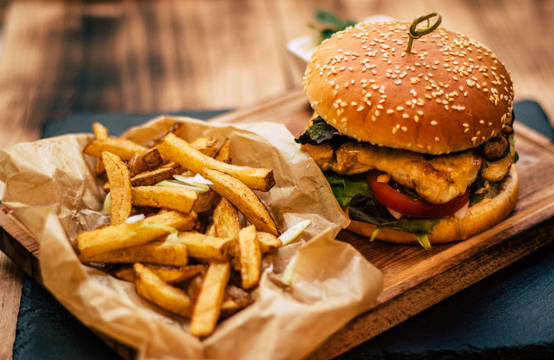 Chicken burger and french fries