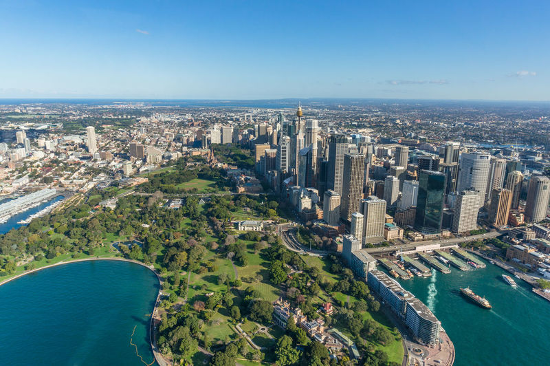 Aerial view of sydney royal botanic garden and skyscrapers of sydney central business district