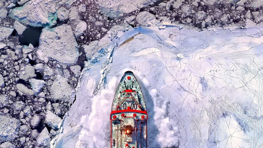 High angle view of ocean liner in ice land