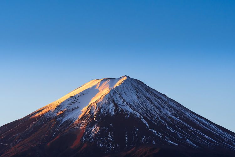 Low angle view of volcanic mountain against clear blue sky