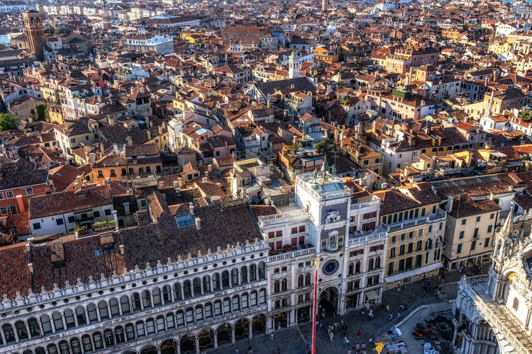 Venice city viewed from campanile di san marco in san marco plaza in venice, italy.
