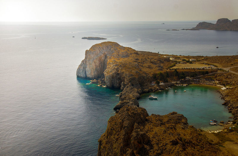 Aerial image of the coastline of rhodes , greece.