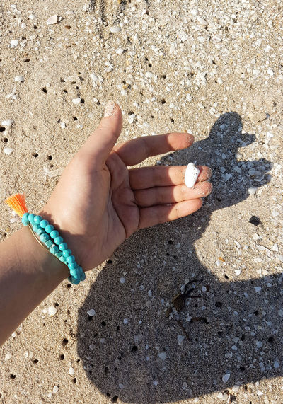 High angle view of human hand on sand
