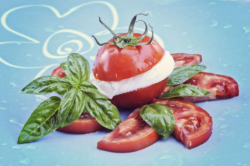 Close-up of caprese salad on table