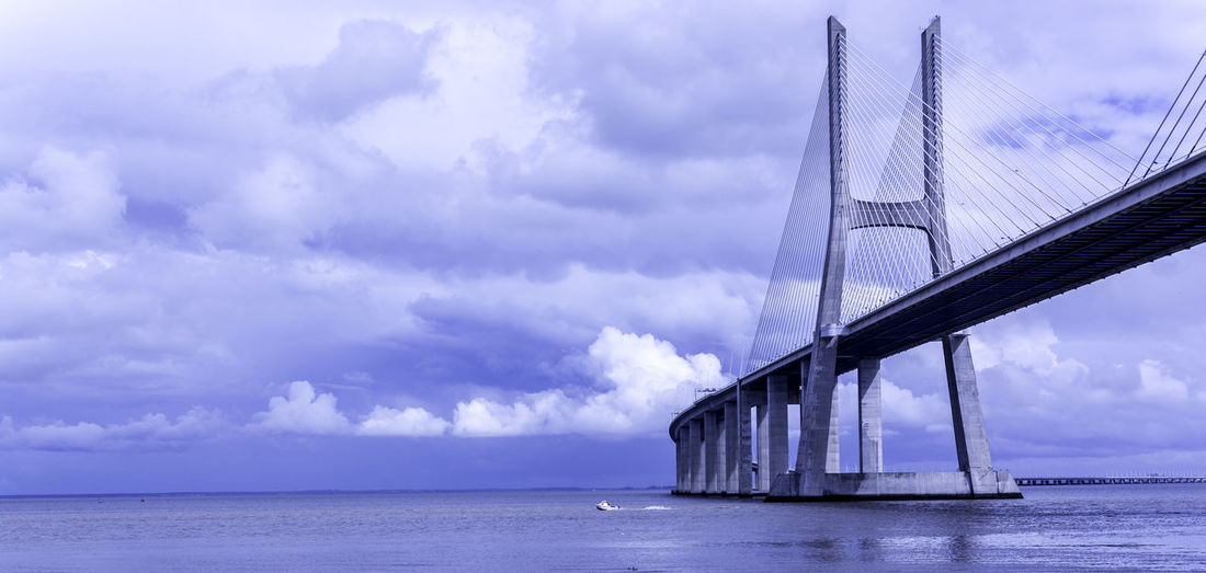 Vasco da gama bridge over tagus river against cloudy sky