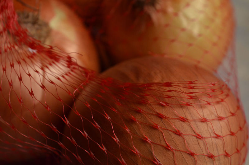 Close up view of red plastic mesh bag of yellow onions