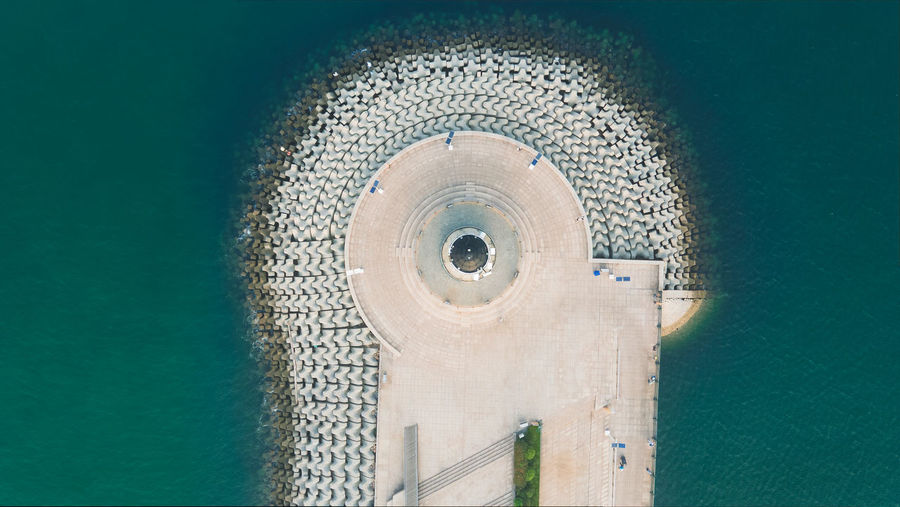 Vertical downward shot of the top of lighthouse from the air