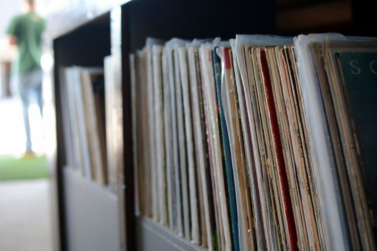 Close-up of vinyl records for sale in store