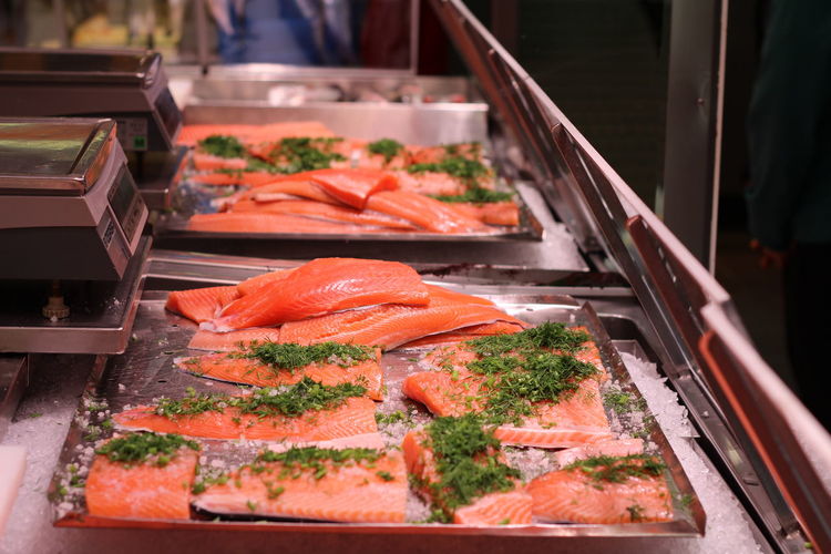 High angle view of fresh salmon at hakaniemi market hall