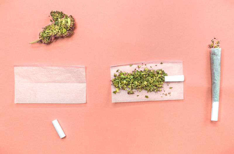 Steps and materials to roll a marijuana joint on pink background.