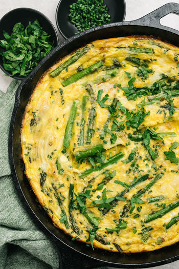 Baked in skillet asparagus frittata still life