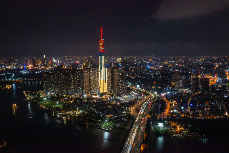 Aerial view of ho chi minh city skyline at night