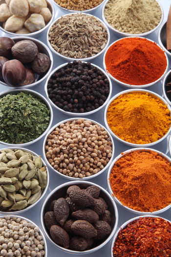 High angle view of various spices in bowl on table