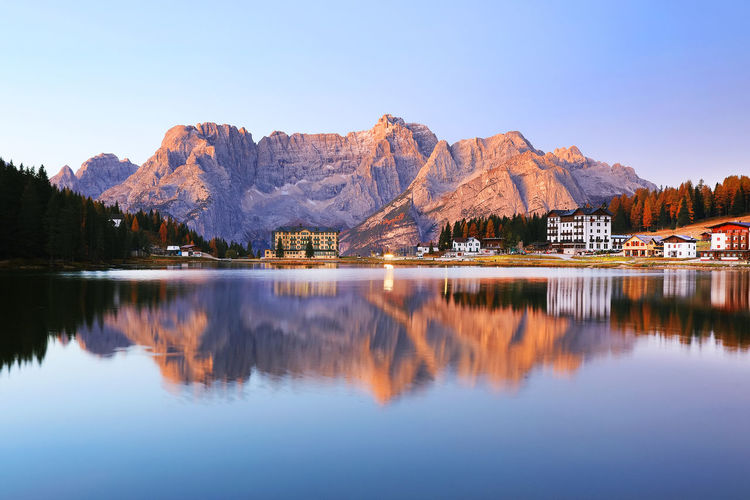 Scenic view of lake and mountains against clear sky