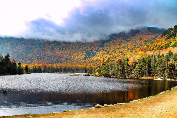 Scenic view of lake against cloudy sky