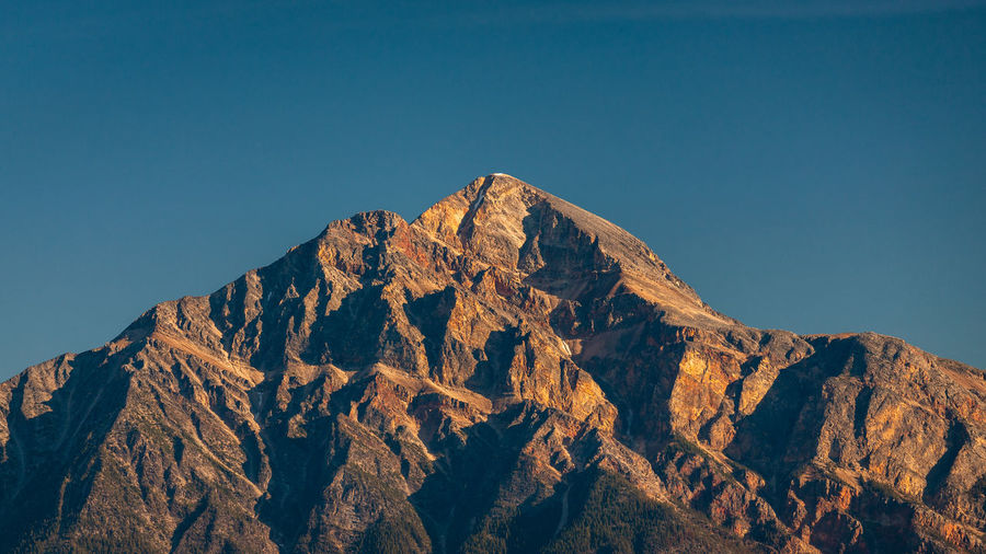 Low angle view of rock formation against clear blue sky