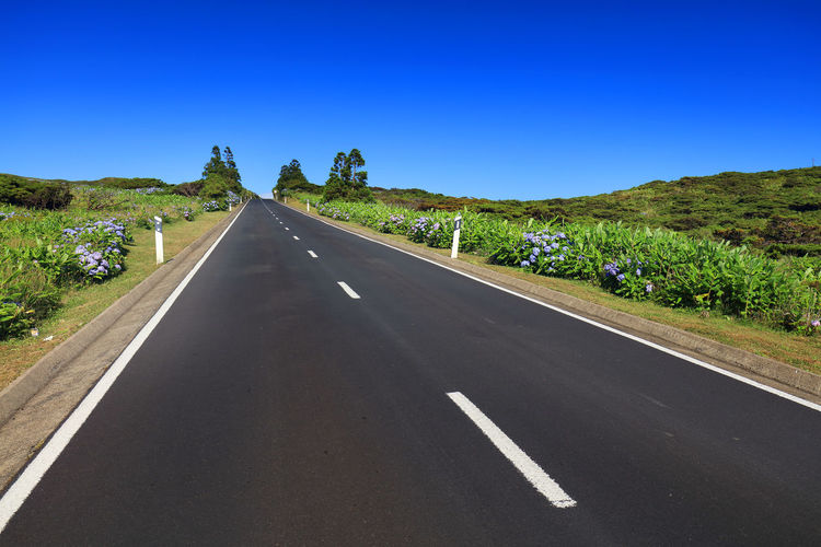 Road amidst landscape against clear blue sky