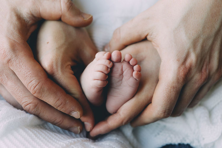 Father's and mother's hands holding baby's feet