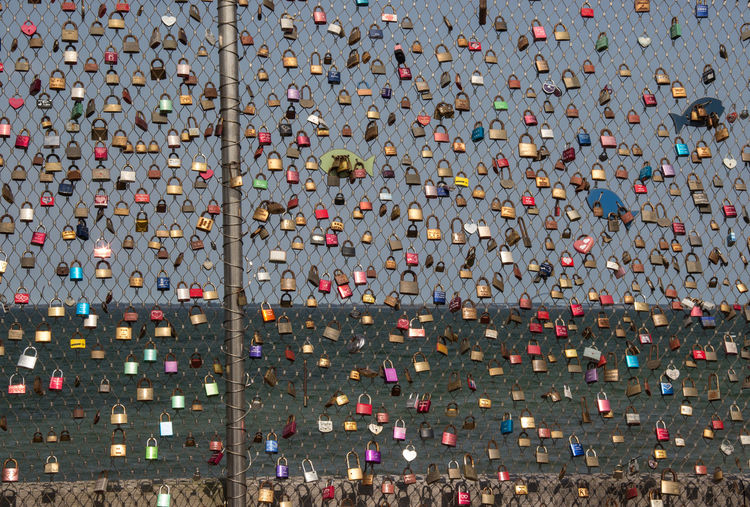 Full frame shot of padlocks hanging on chainlink fence in city