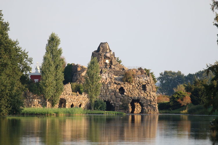 Panoramic view of lake against clear skyand ruin